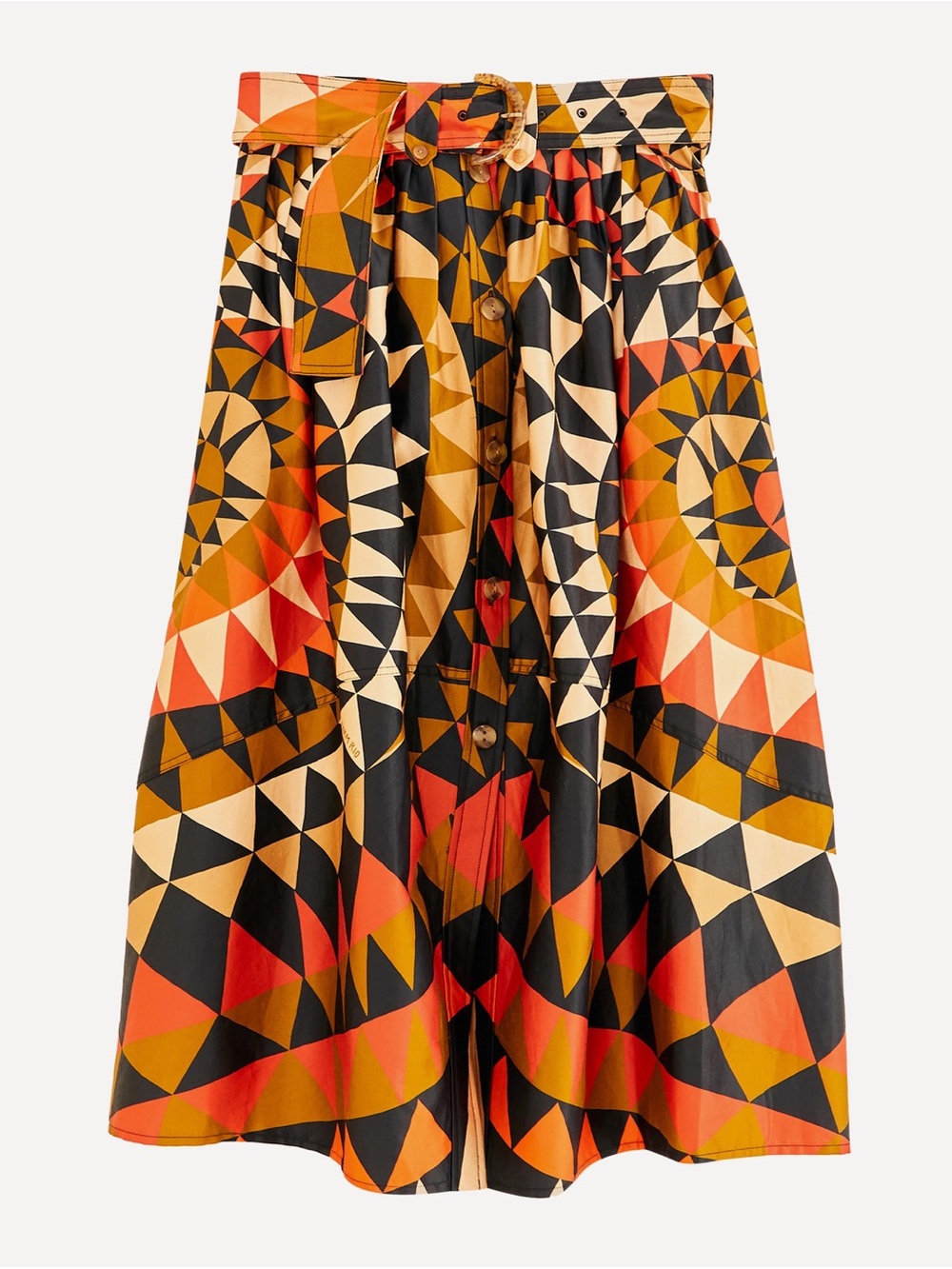FARM Rio: Heart Deco Print, Geometric Midi Skirt in Black, Red & Tan, size xl - Picture 2 of 4